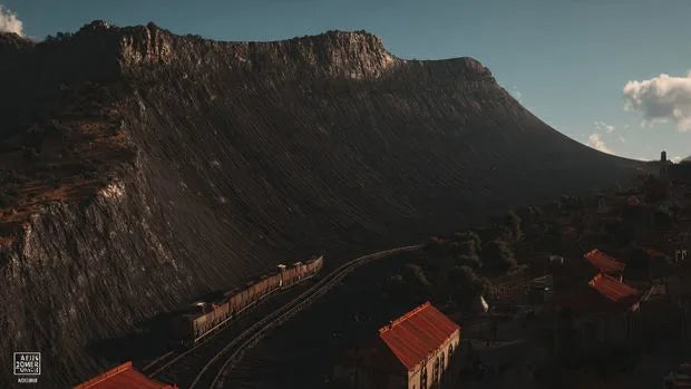 A wide-angle hyper-realistic banner showing gold mines in rugged Afghan mountains, warm sunrise over rocky terrain, industrial mining equipment visible subtly, cinematic detail
