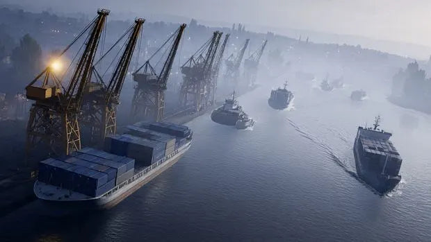 Ultra-wide hyper-realistic banner image of massive cargo ships with towering containers docked at an Indian port, cranes loading goods, warm industrial lighting, no text
