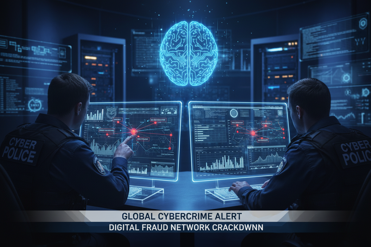 cybercrime investigation showing digital transaction network map, police cyber unit analyzing bank fraud data, cybersecurity concept editorial news style