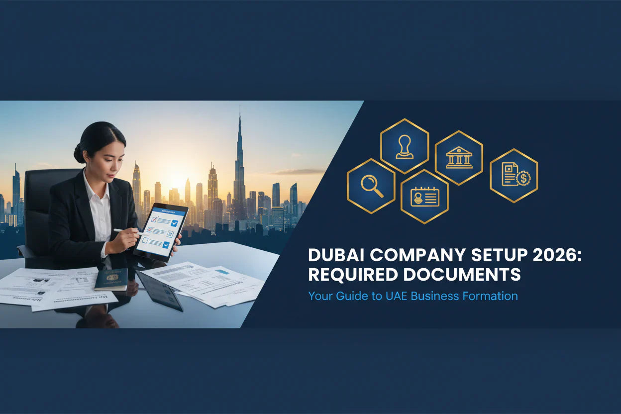 Documents required for Dubai company setup in 2026 with business paperwork and Dubai skyline