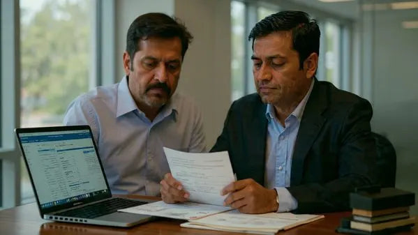 high-quality corporate photograph of an Indian business owner and a senior financial advisor reviewing bookkeeping records