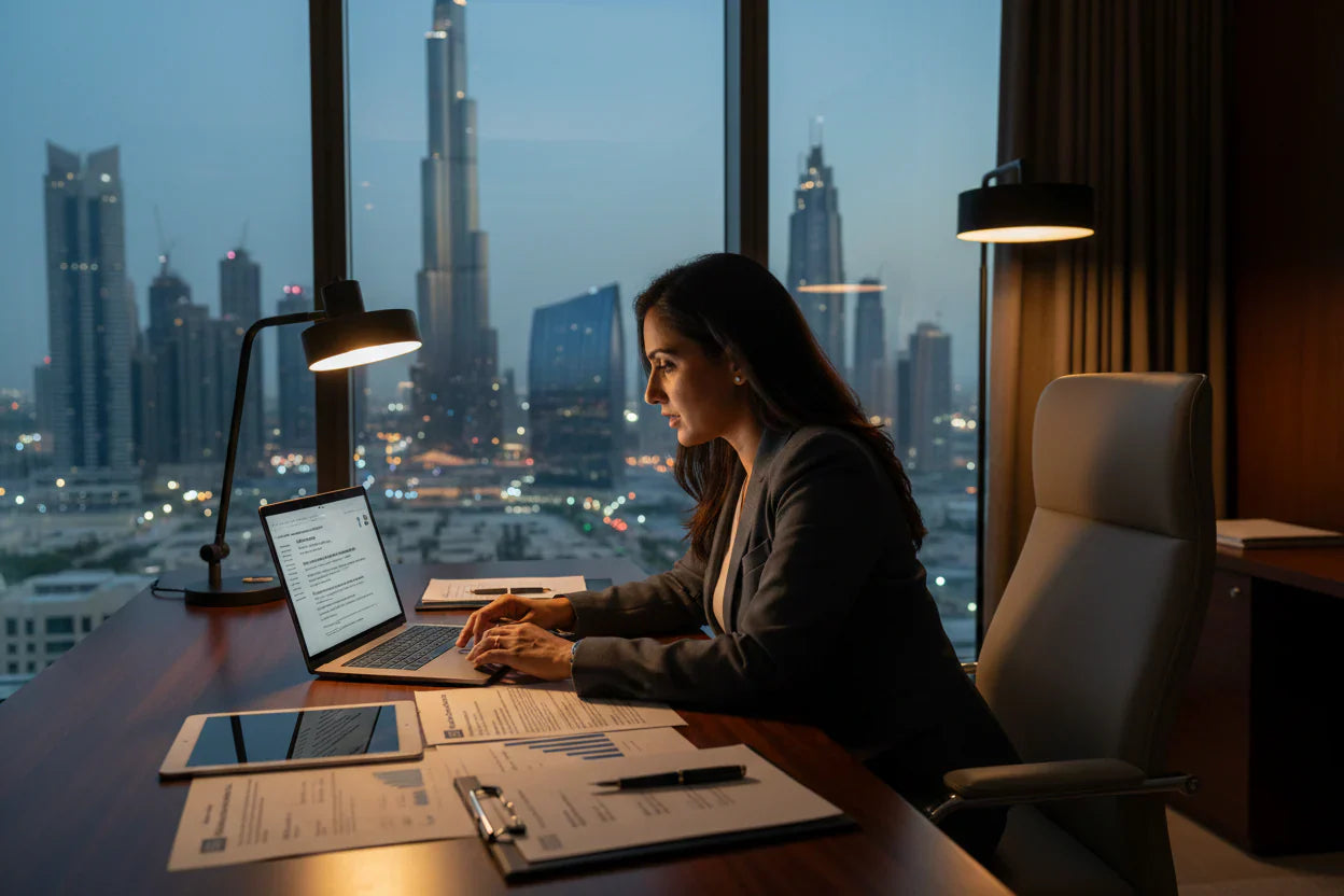 indian entrepreneur planning dubai company setup with financial documents and laptop