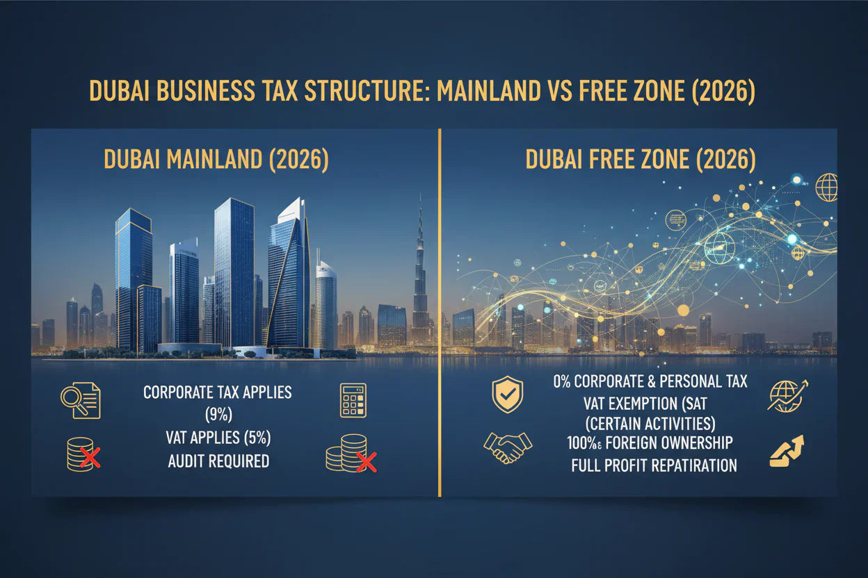 Mainland vs Free Zone tax structure in Dubai 2026 comparison with Dubai skyline and tax icons